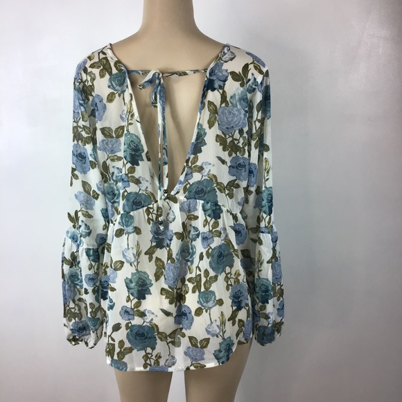 Baby Doll blouse floral blue roses Mossimo Supply Women's Blouse Size XL Floral - Picture 2 of 5